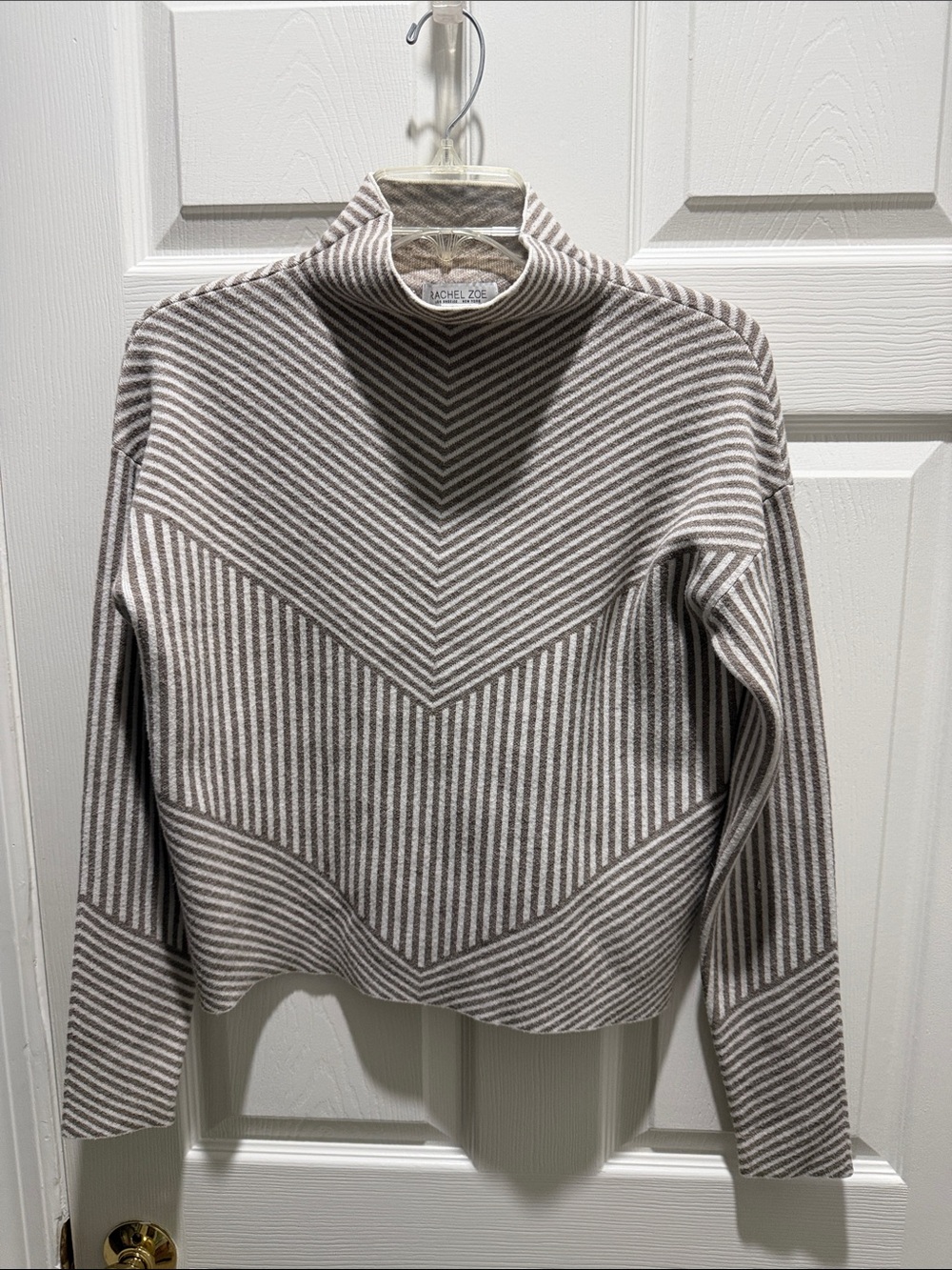 Rachel Zoe Taupe & Cream Chevron Stripe Turtleneck Sweater